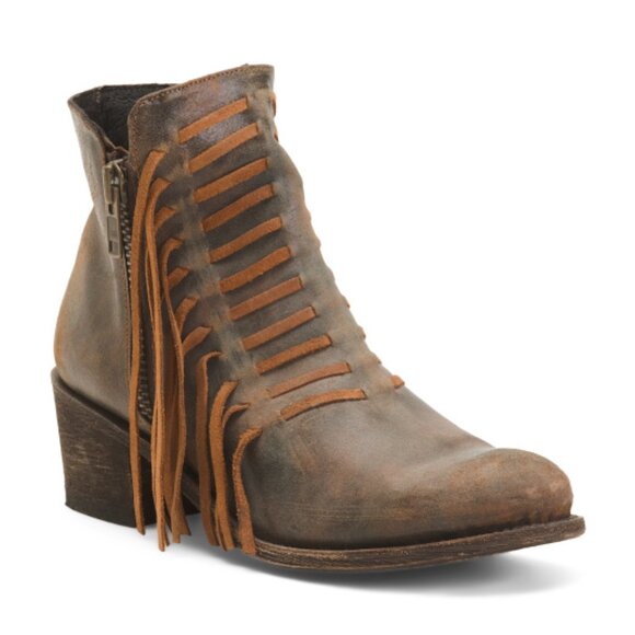 NEW CORRAL BOOTS Distressed Leather J Toe Ankle Boots With Fringe Trim 1065Tn - Picture 2 of 6